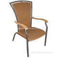 fancy outdoor patio furniture in nature brown flat wicker with teak wood armrest